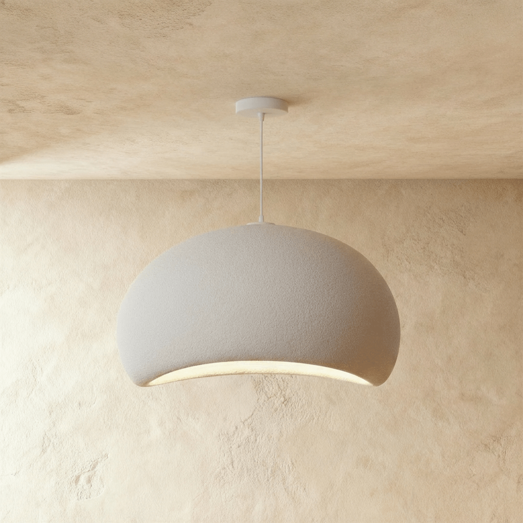 Clérachic Shibui pendant light in the Cloud form, shown wide, the deeper grey-white shell set against warm plaster behind.