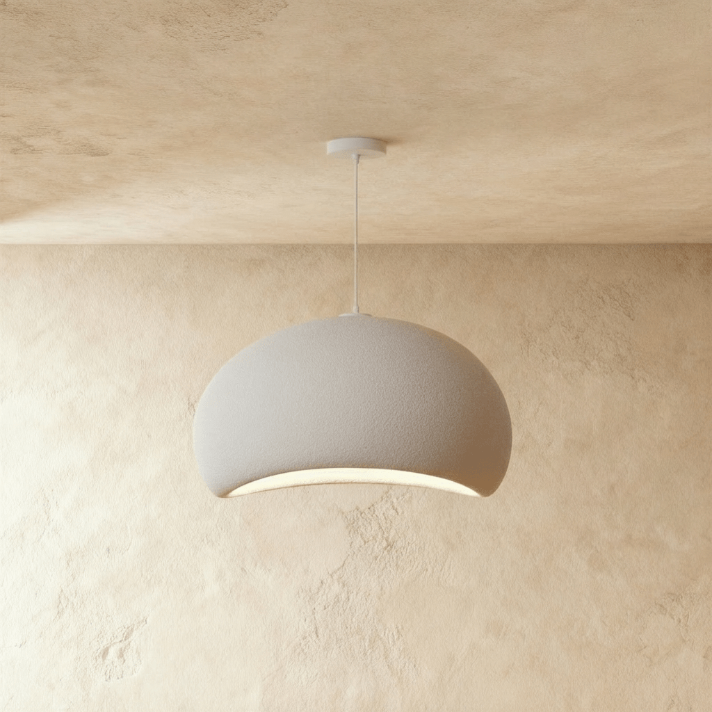 Clérachic Shibui pendant light in the Cloud form, the grey-white shell hung clear of the wall, the glow gathered at the opening.
