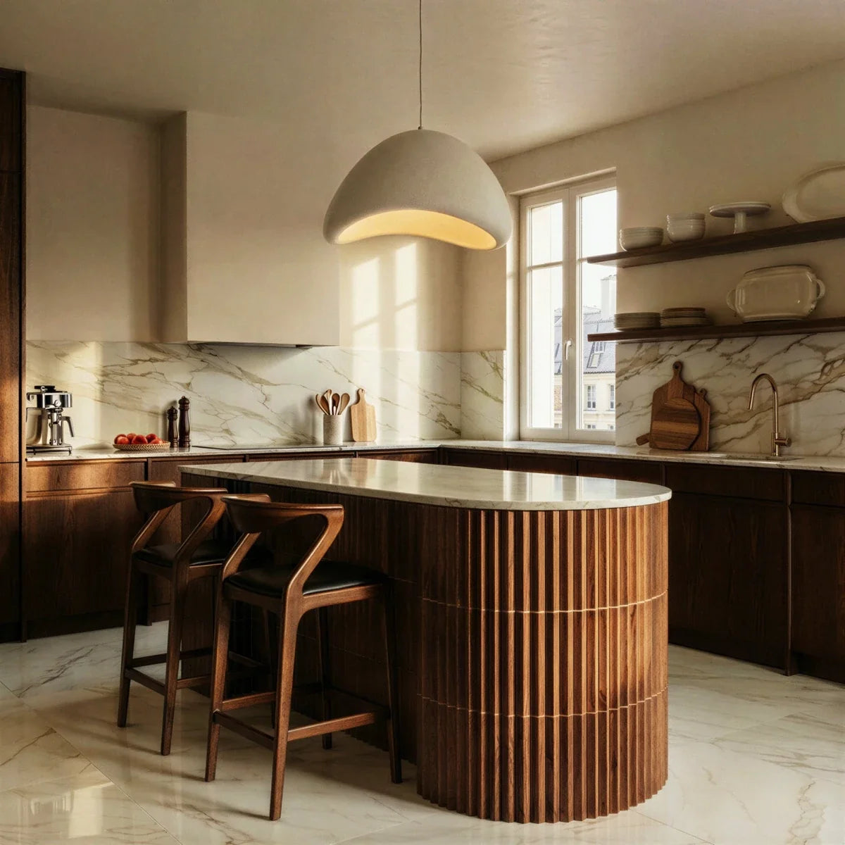 Clérachic Shibui pendant light hanging over a fluted walnut kitchen island with a marble top, wood-framed counter stools alongside.