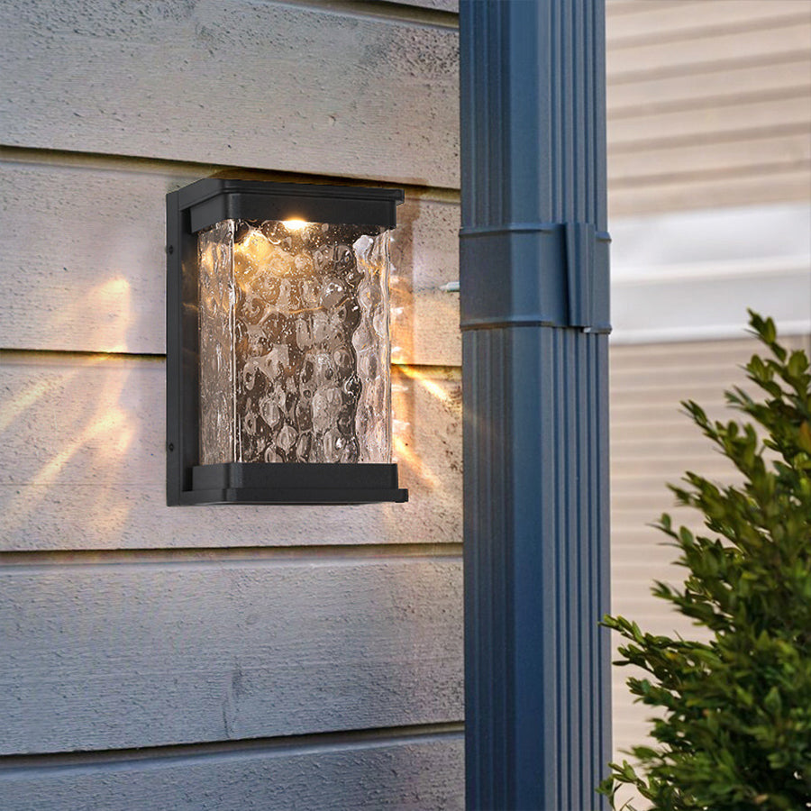 Emery Wall Light For Outdoors, Rectangular Design With Water-Drop Glass Shade