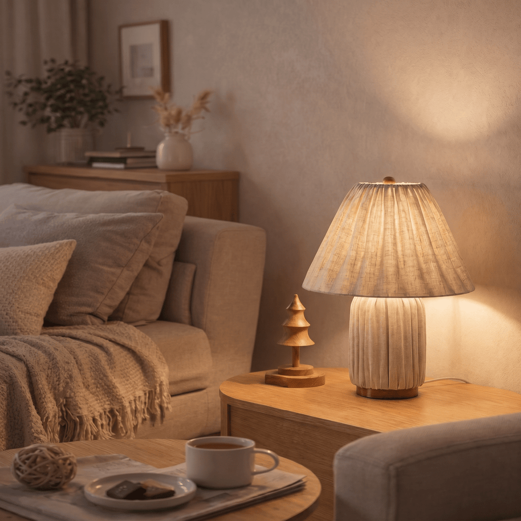 Clérachic table lamp in pleated beige fabric glowing on a side table beside a carved wood figurine.