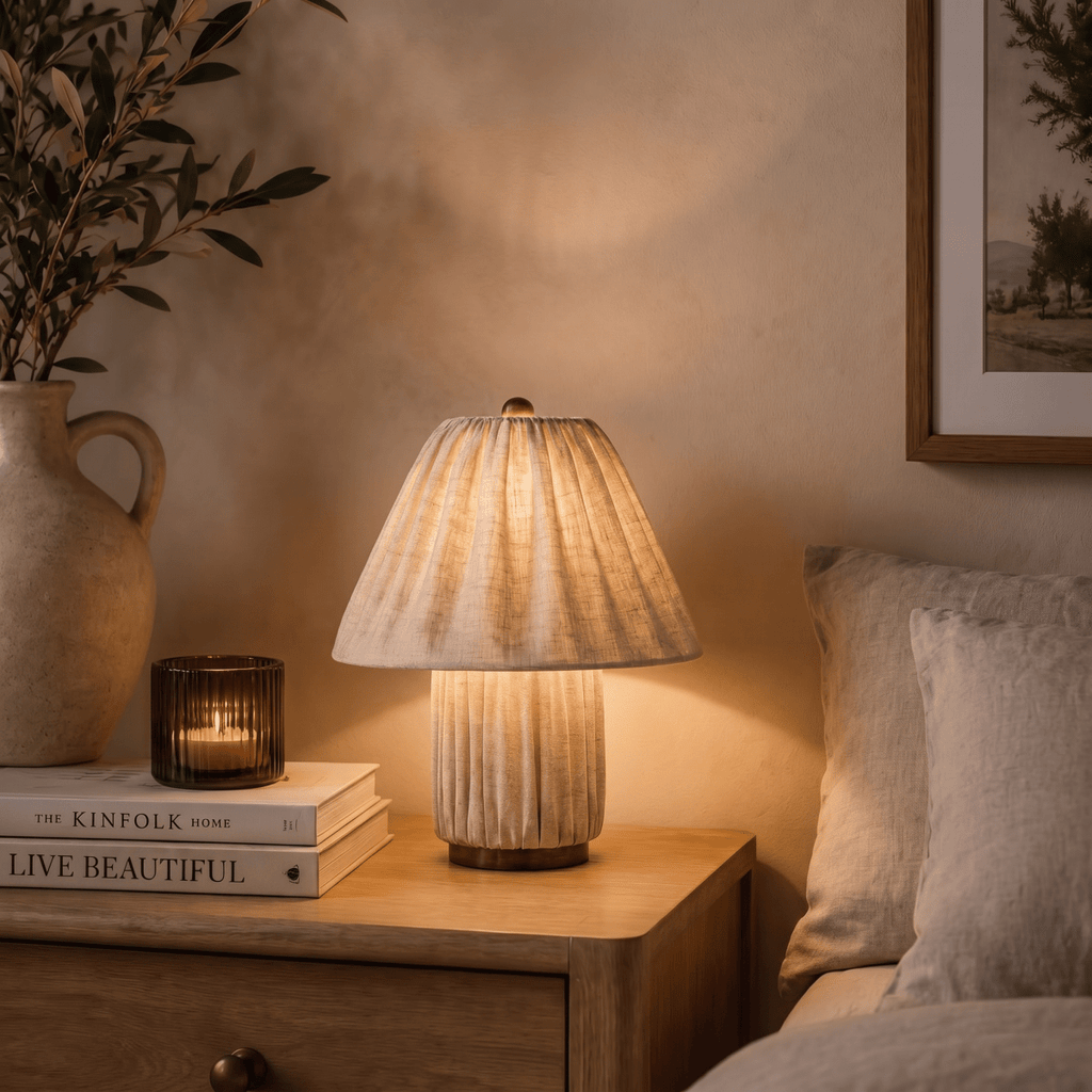 Clérachic table lamp in pleated beige fabric glowing on a nightstand beside a stack of books.