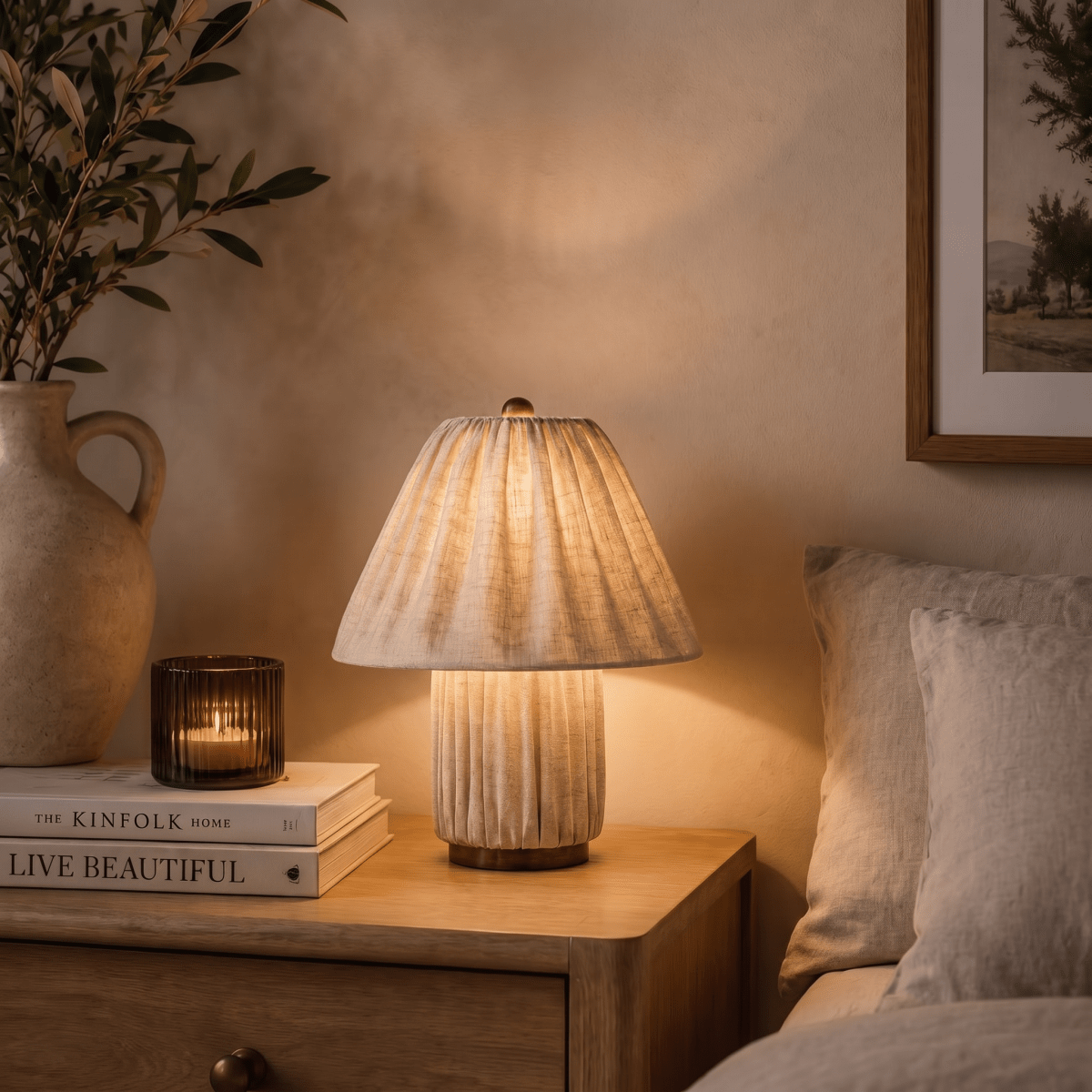 Clérachic table lamp in pleated beige fabric glowing on a nightstand beside a stack of books.