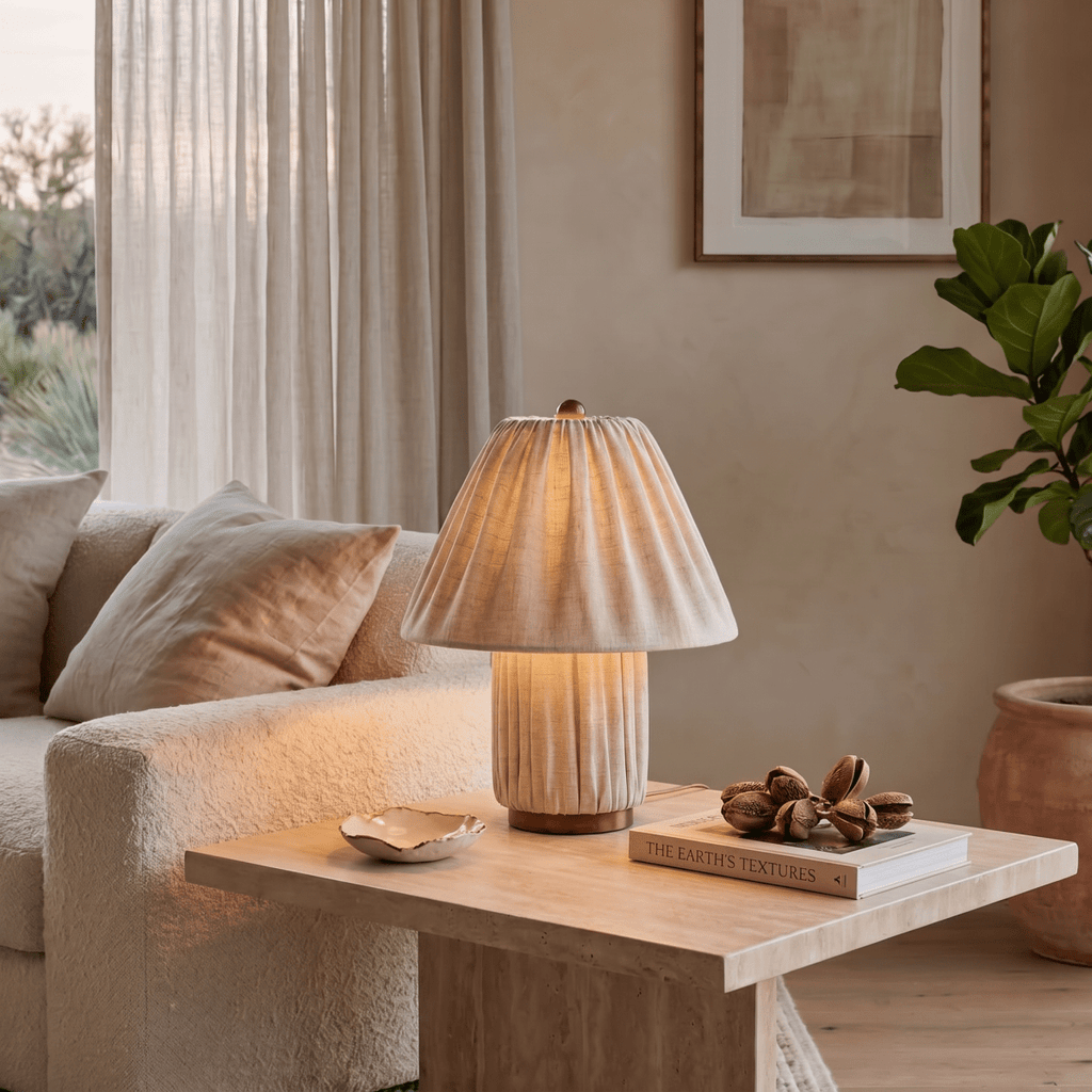 Clérachic table lamp in pleated beige fabric glowing on a stone side table beside a potted fig plant.