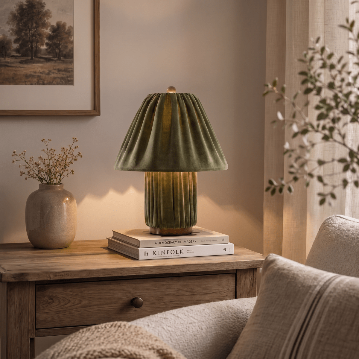 Clérachic table lamp in pleated olive green fabric glowing on a wood side table beside stacked books.