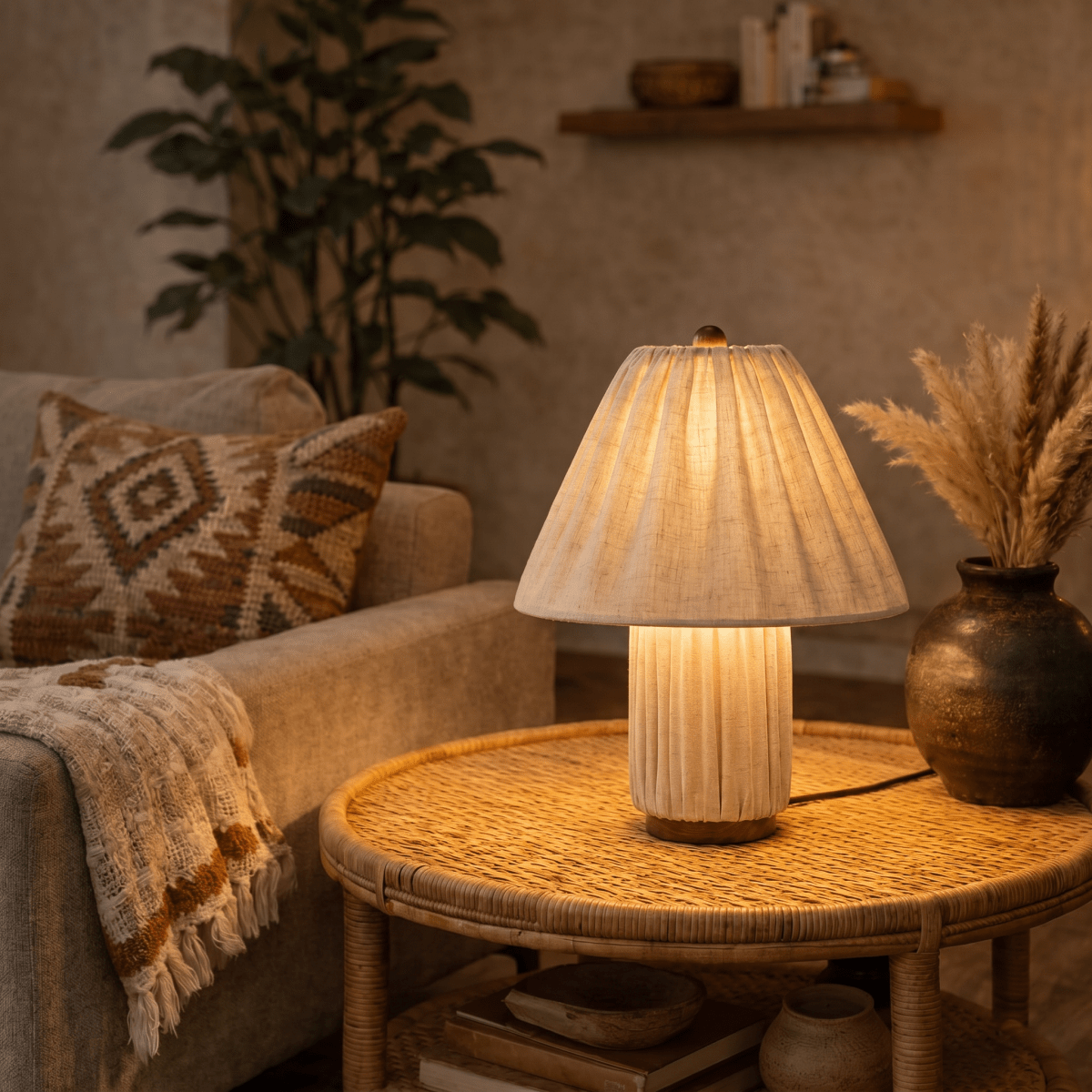 Clérachic table lamp in pleated beige fabric glowing on a rattan side table beside a patterned cushion.