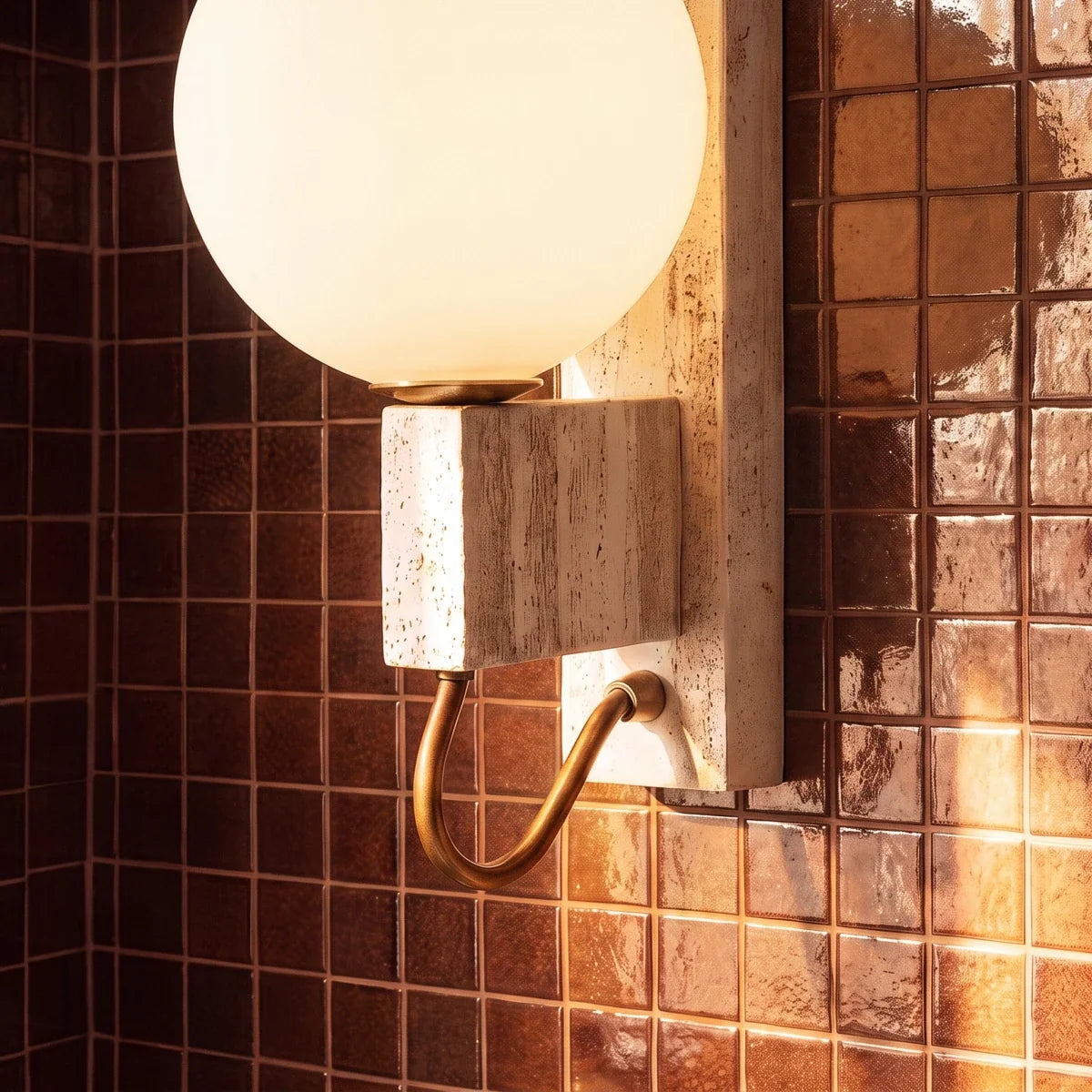 Clérachic wall lamp detail in travertine and brass, glowing against a dark tiled bathroom wall.