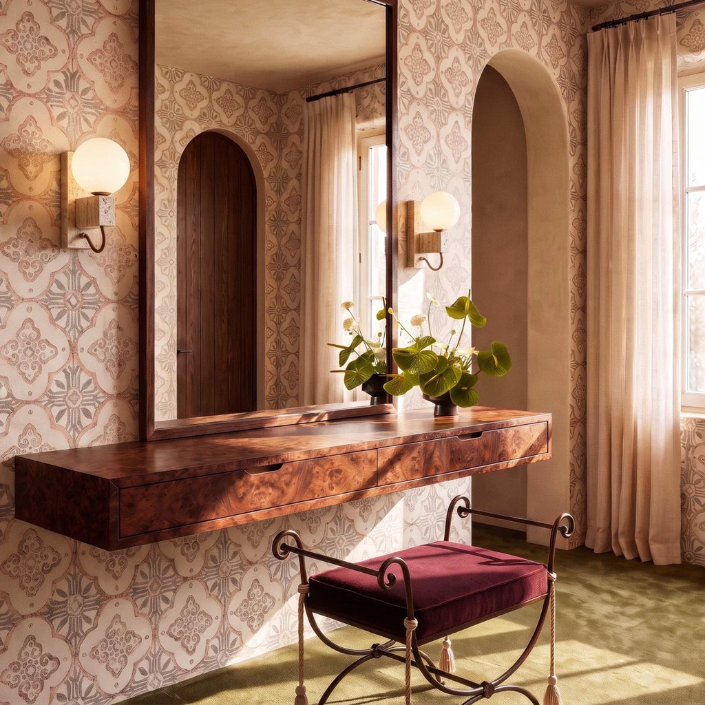 Clérachic wall lamp glowing beside a mirrored vanity in a room with patterned wallpaper and an arched doorway.