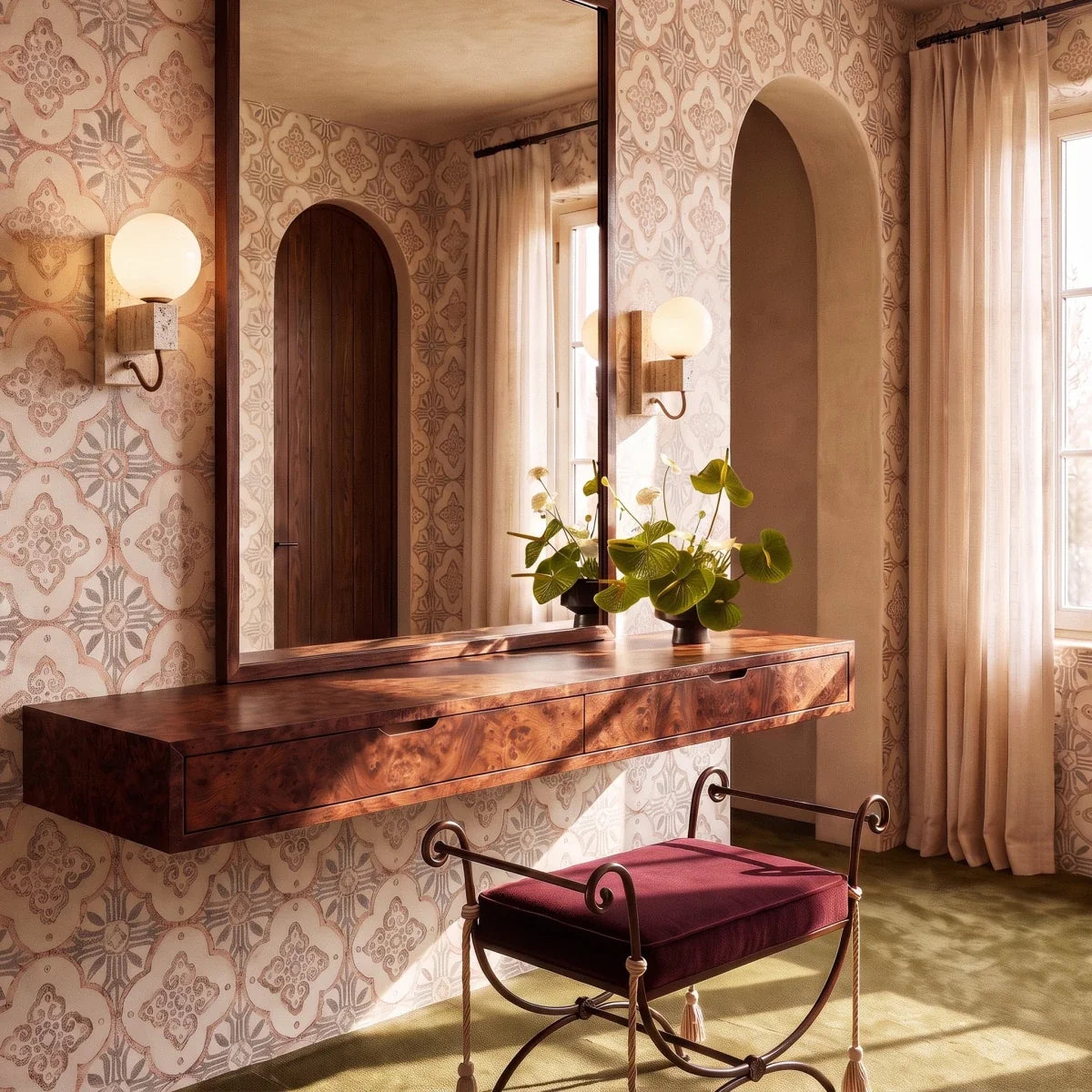 Clérachic wall lamp glowing beside a mirrored vanity in a room with patterned wallpaper and an arched doorway.