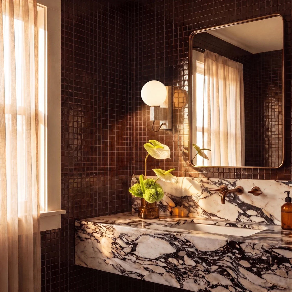 Clérachic wall lamp glowing beside a mirror in a dark tiled bathroom with a marble vanity below.