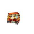 Handcrafted stained glass book-stack table lamp lit warm, front view on a white background