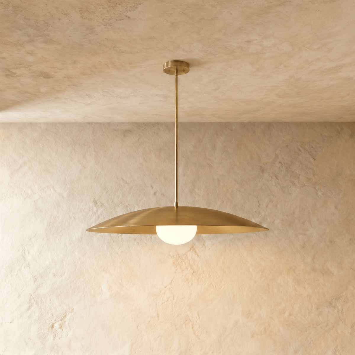 Clérachic pendant light in polished brass, its saucer shade framing an opal glass diffuser beneath.