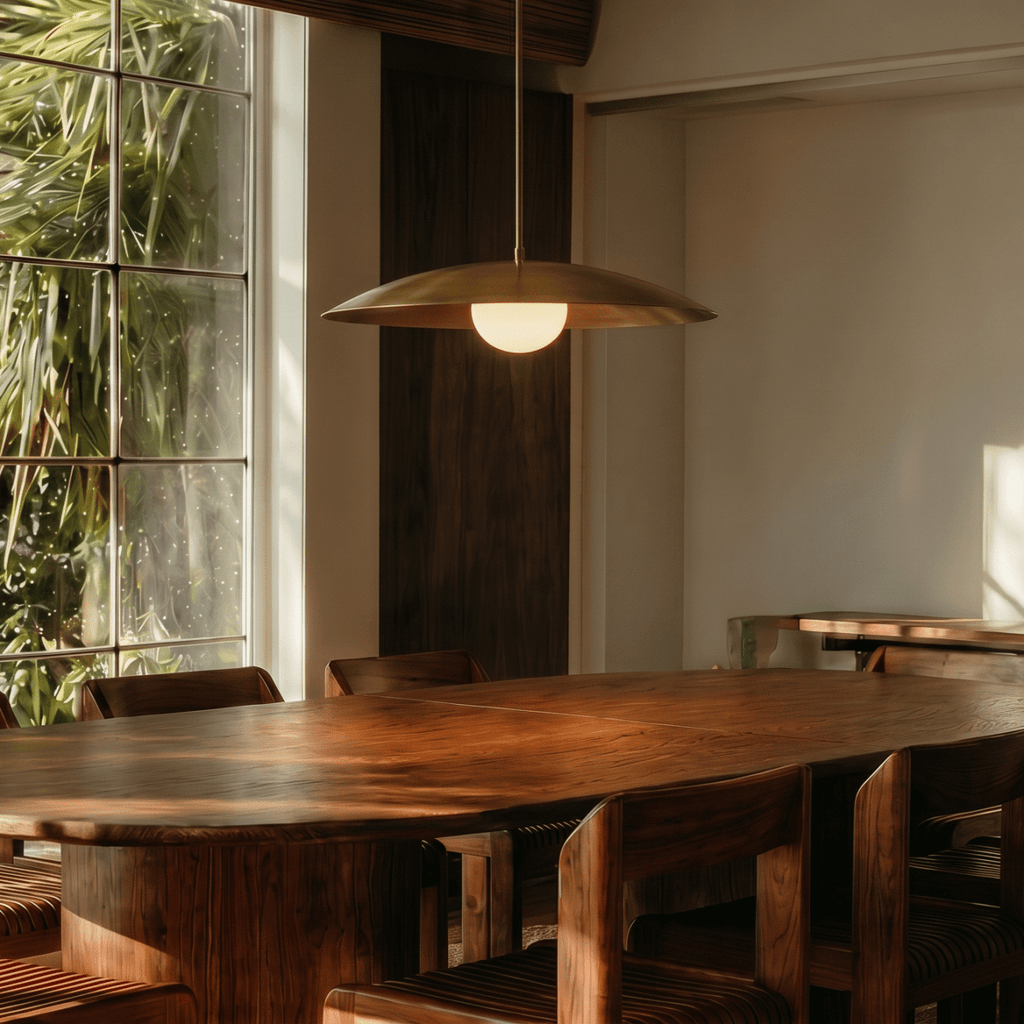 This brass Clérachic pendant light lights a live-edge dining table beside a garden-view window.