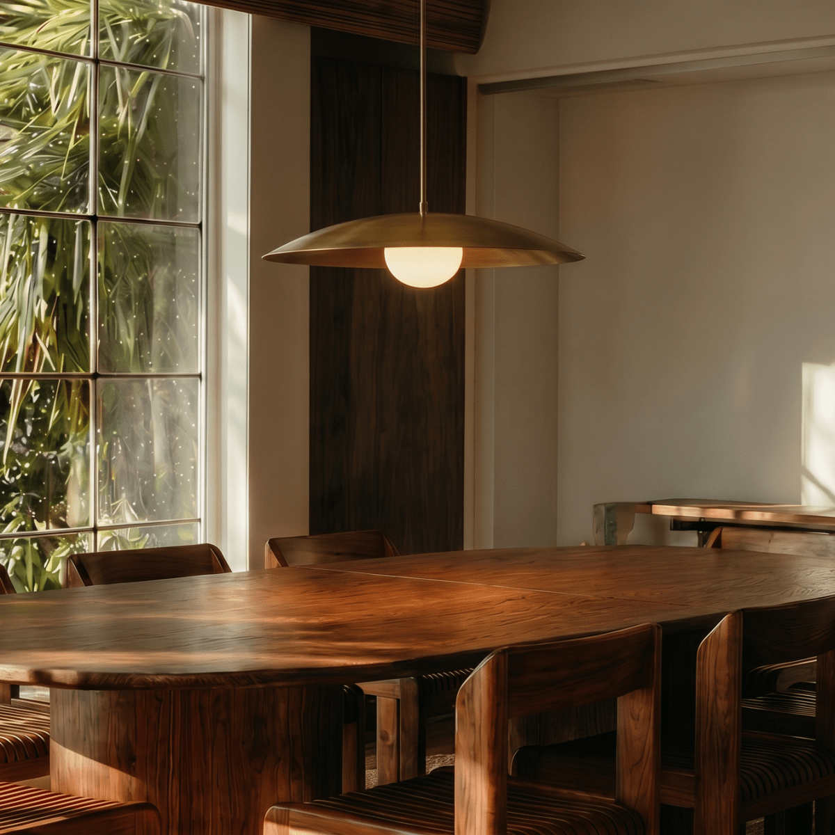 This brass Clérachic pendant light lights a live-edge dining table beside a garden-view window.