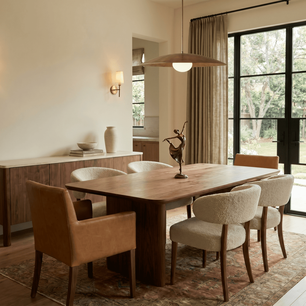 This vintage brass Clérachic pendant light hangs above a dining table set with leather and shearling chairs.