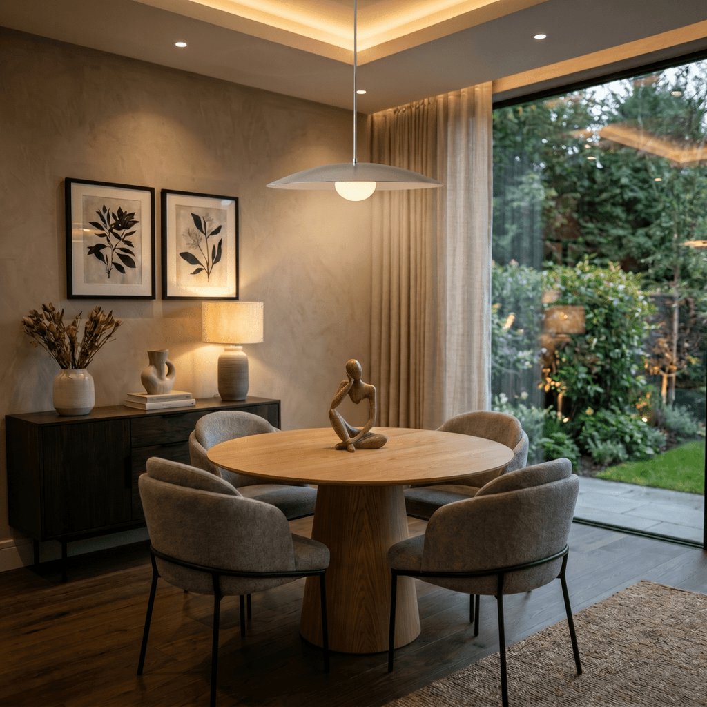 A chrome Clérachic pendant light lights a round table with garden views through floor-to-ceiling doors.