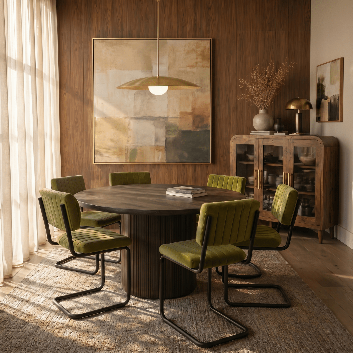 This brass Clérachic pendant light hangs above a round wood table surrounded by olive velvet chairs.