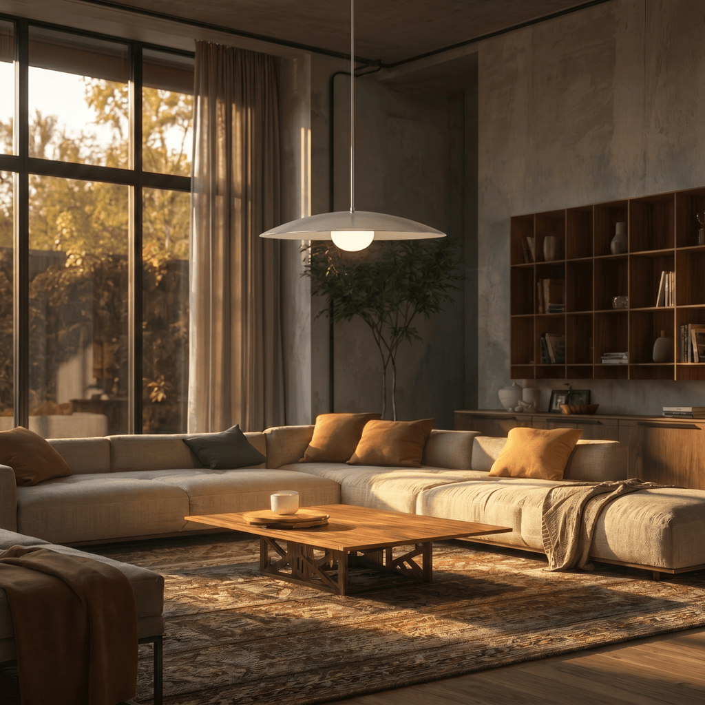 A chrome Clérachic pendant light lights a sectional sofa and built-in shelving at golden hour.