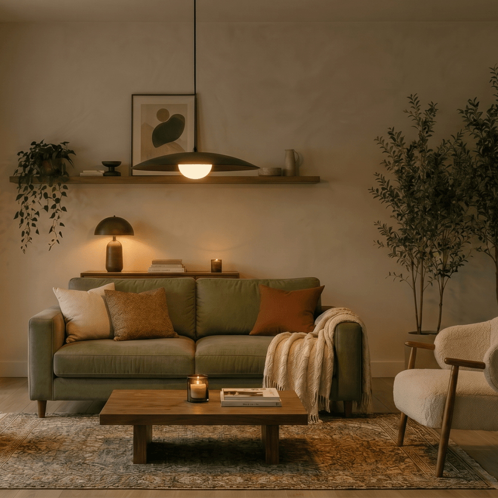 A black Clérachic pendant light glows above a floating shelf beside a green sofa in the evening.