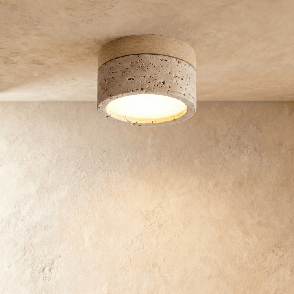 Clérachic wood spot ceiling light, a short turned cylinder fixed tight to the ceiling
