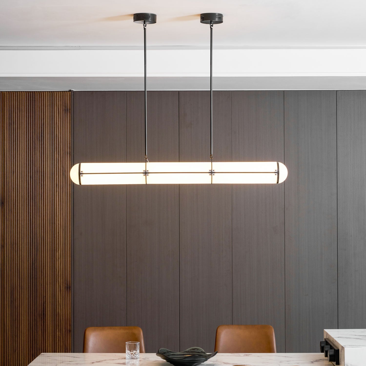 Linear pendant light detail of the suspension and canopy