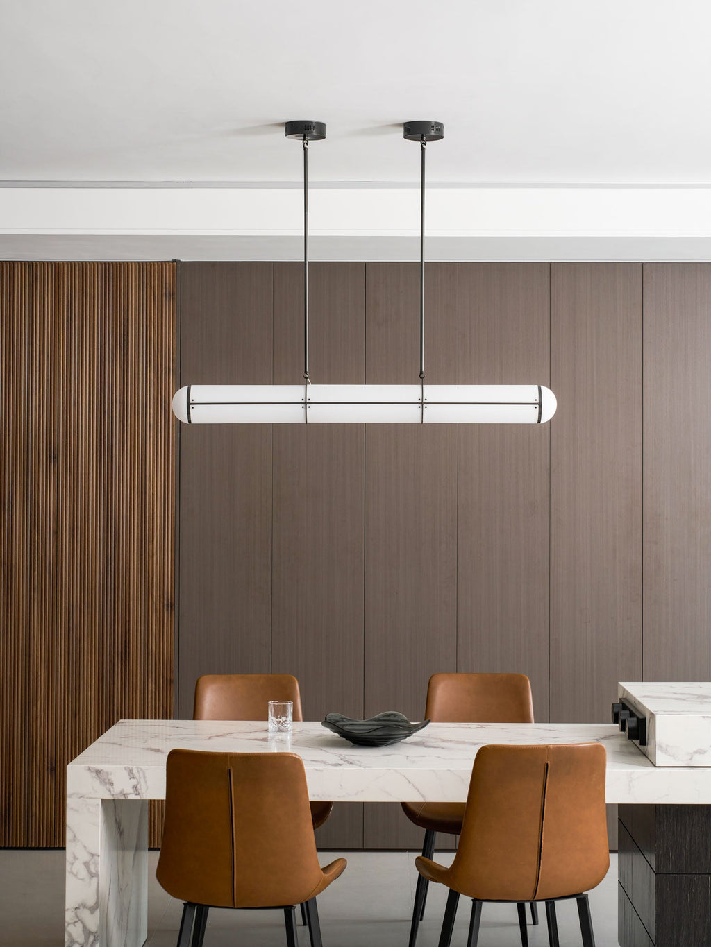 Linear pendant light detail of the cylindrical form and LED