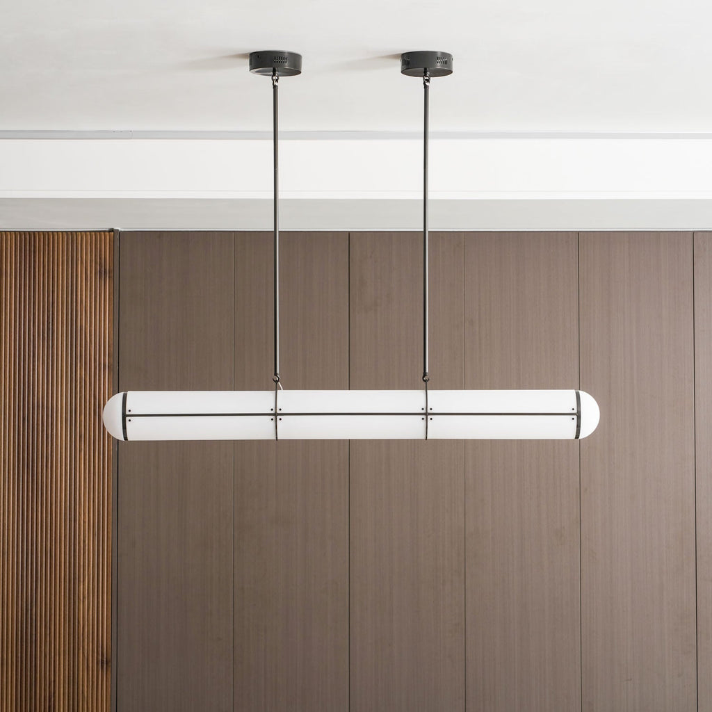 Linear pendant light close-up of the bar and finish