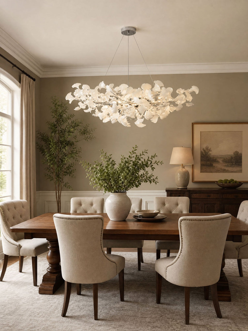 Gingko leaf chandelier with porcelain leaves over a dining table