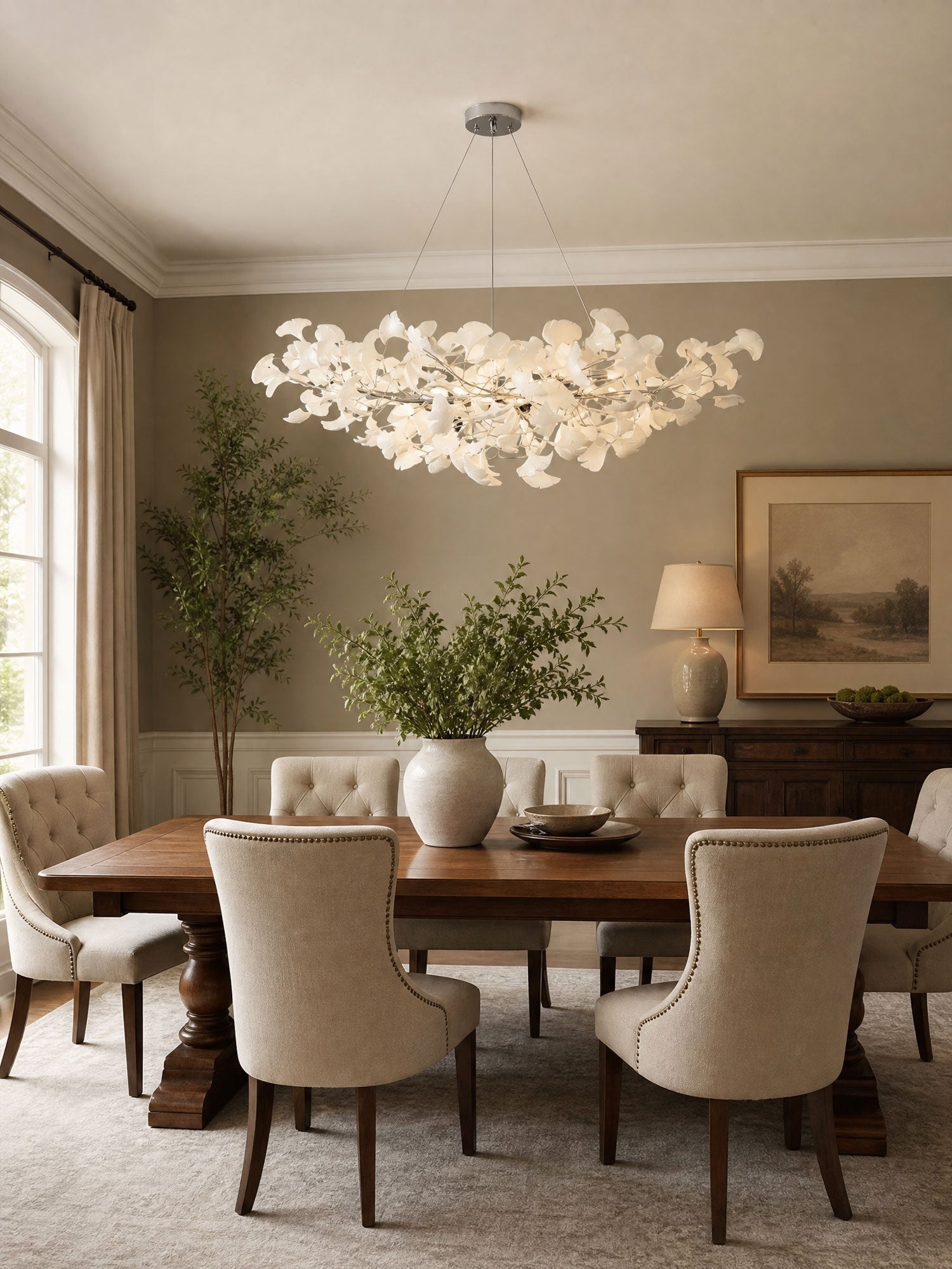 Gingko leaf chandelier with porcelain leaves over a dining table