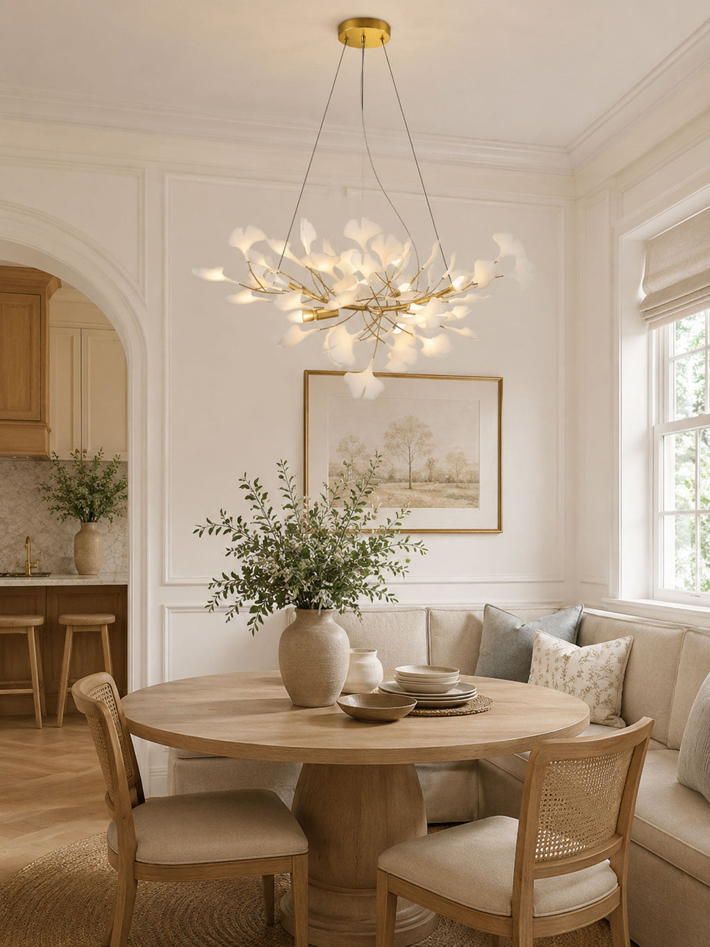 Gingko leaf chandelier suspended above a luxurious living space
