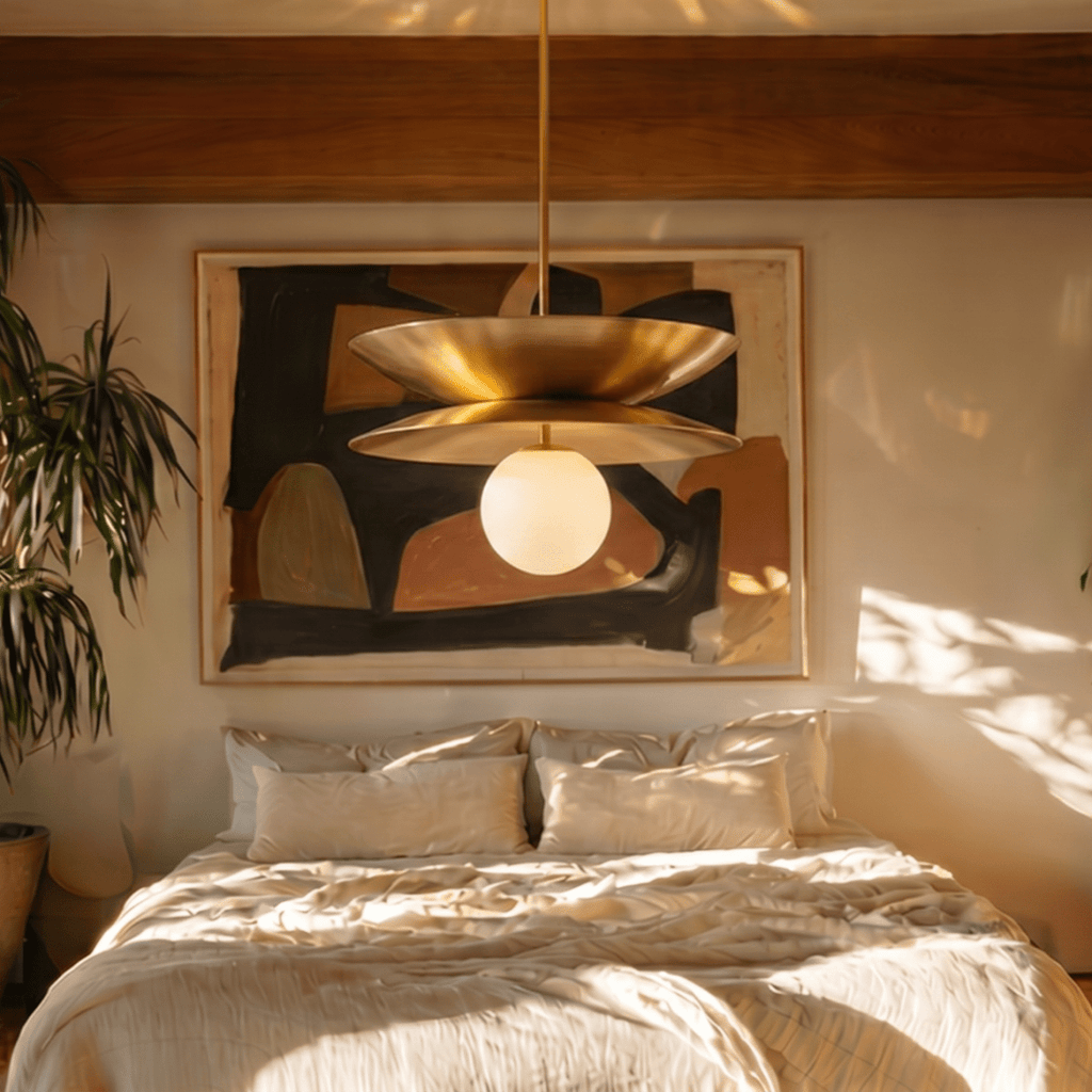 Clérachic double-disc pendant light in brass, glowing in front of an abstract painting above a made bed.