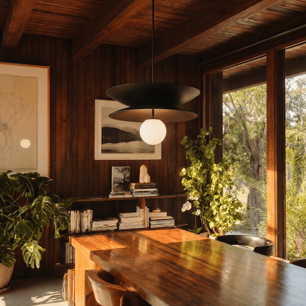 Clérachic layered-disc pendant light in matte black, lit above a wooden dining table beneath an open-beam ceiling.