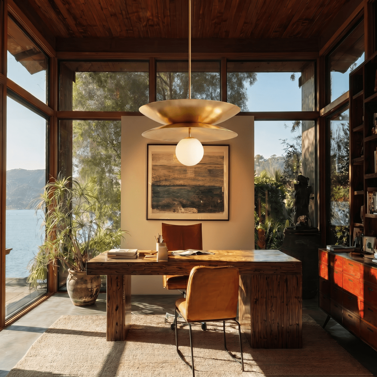 Clérachic double-disc pendant light in brass, hung above a wooden desk in a sunlit home office overlooking the water.
