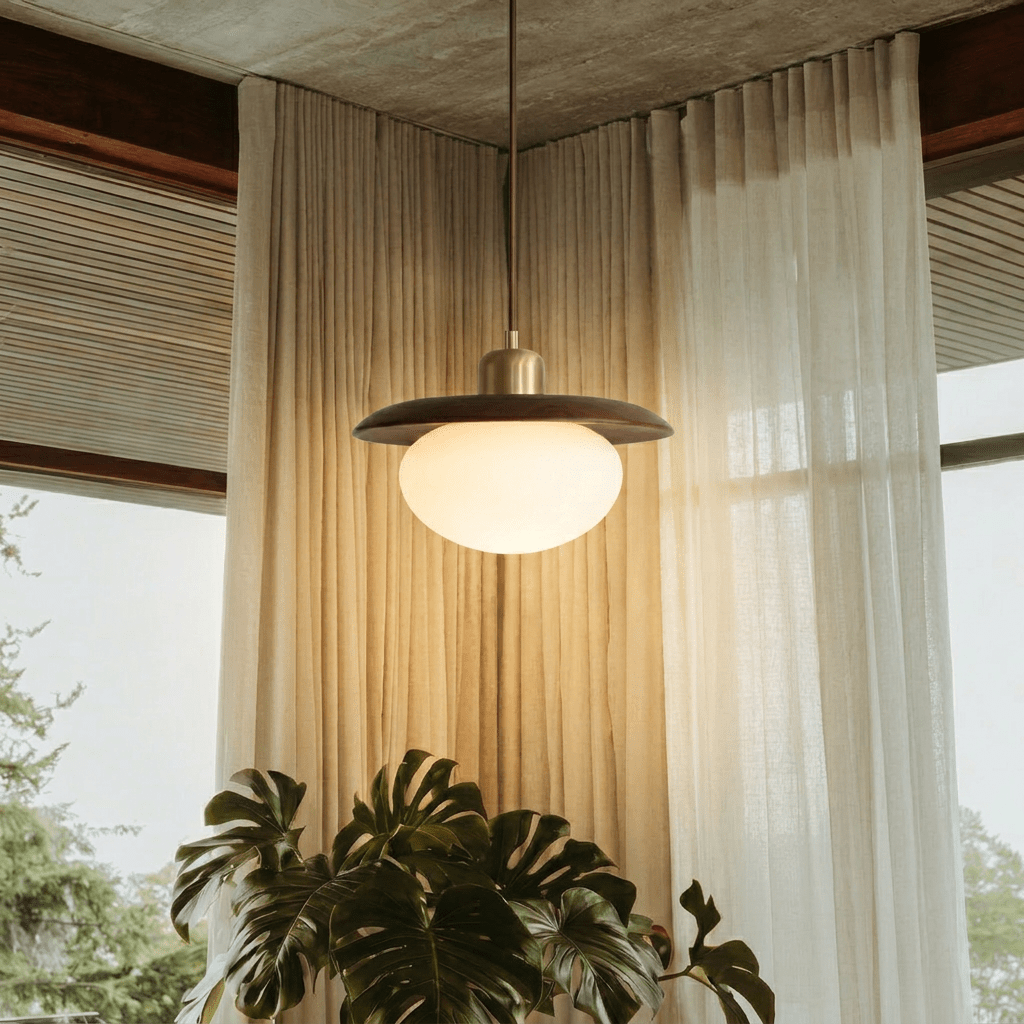 Clérachic pendant light glowing between sheer linen curtains at a corner window, a monstera massed in the foreground well below it.