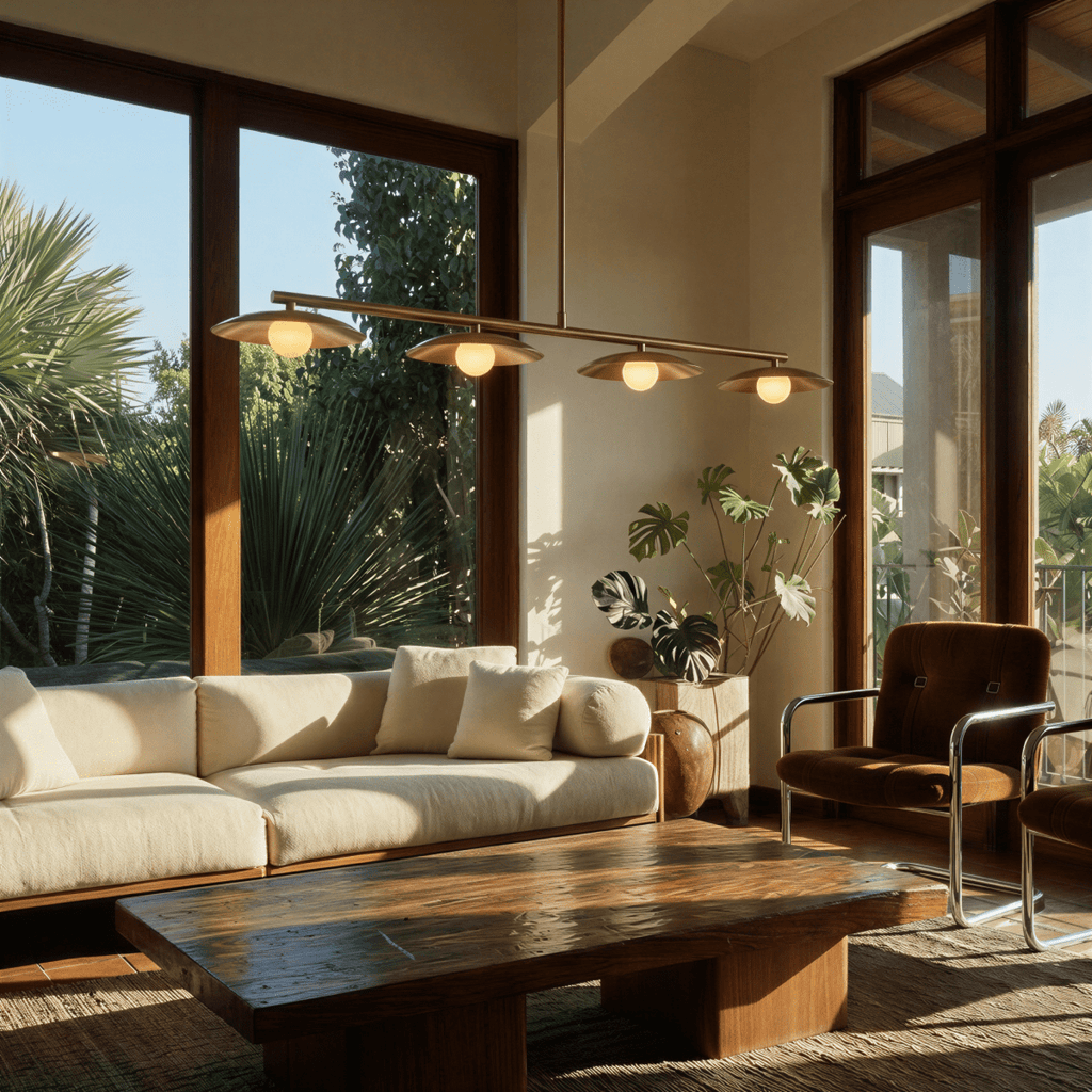 Clérachic four-light bar pendant in a brass finish glowing above an open living room, with fan palms and a leafy tree beyond the floor-to-ceiling glass.