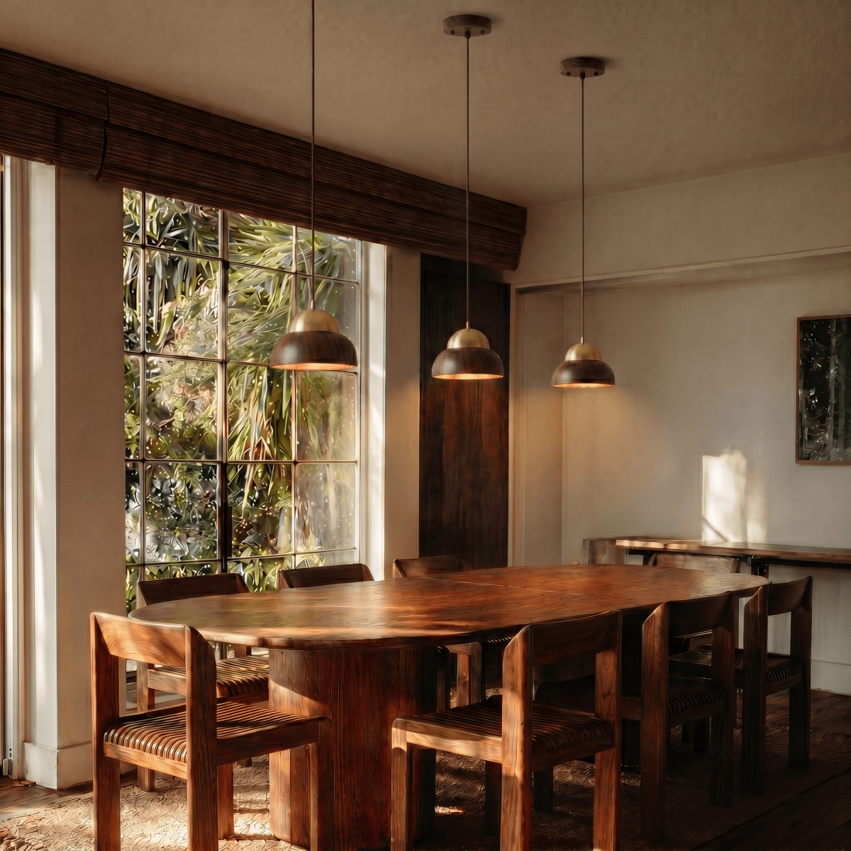 Three Clérachic pendant lights hung at staggered heights over a long oval timber dining table, beside a tall garden window.