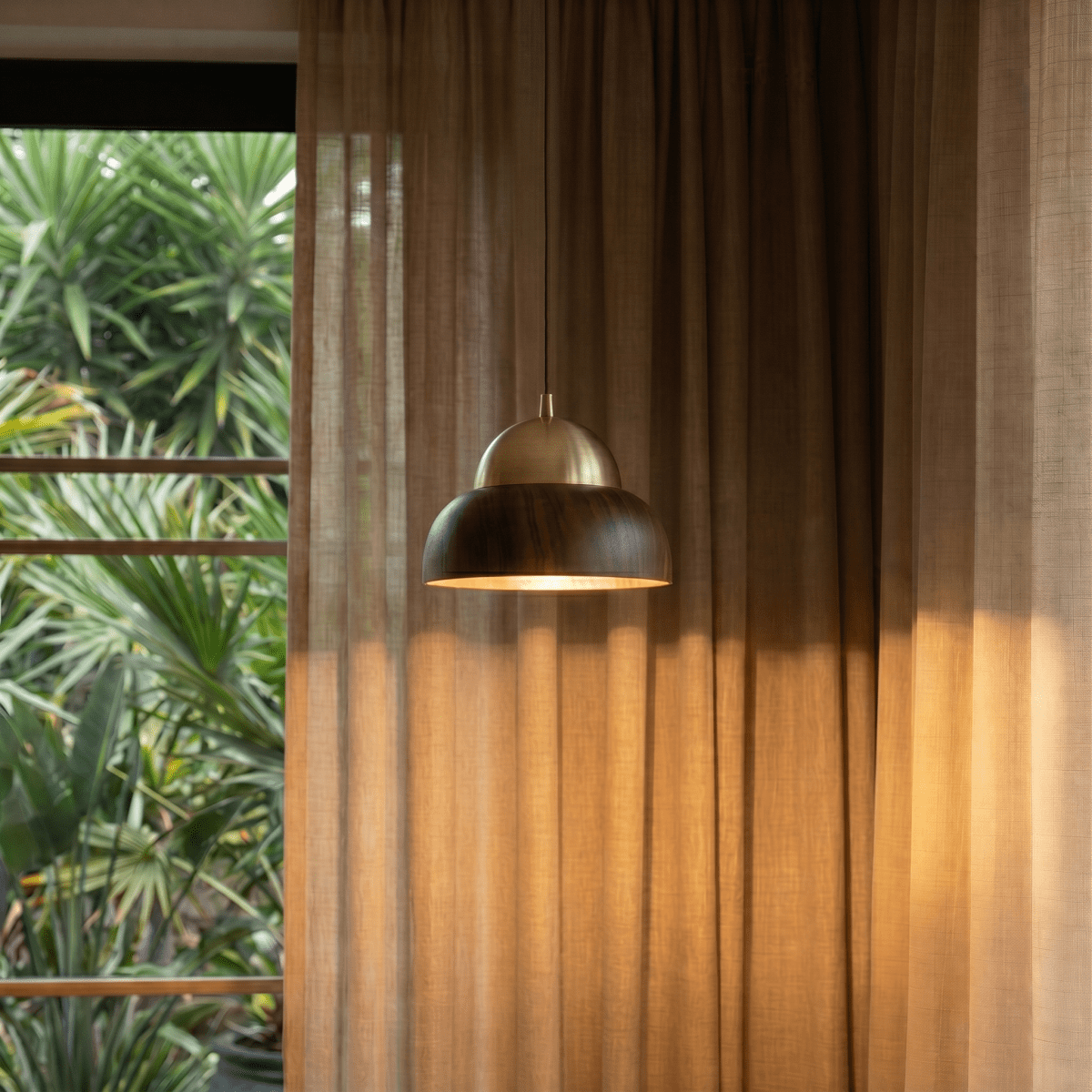 Clérachic pendant light glowing in front of a sheer linen curtain, with a garden window and tropical foliage to its left.