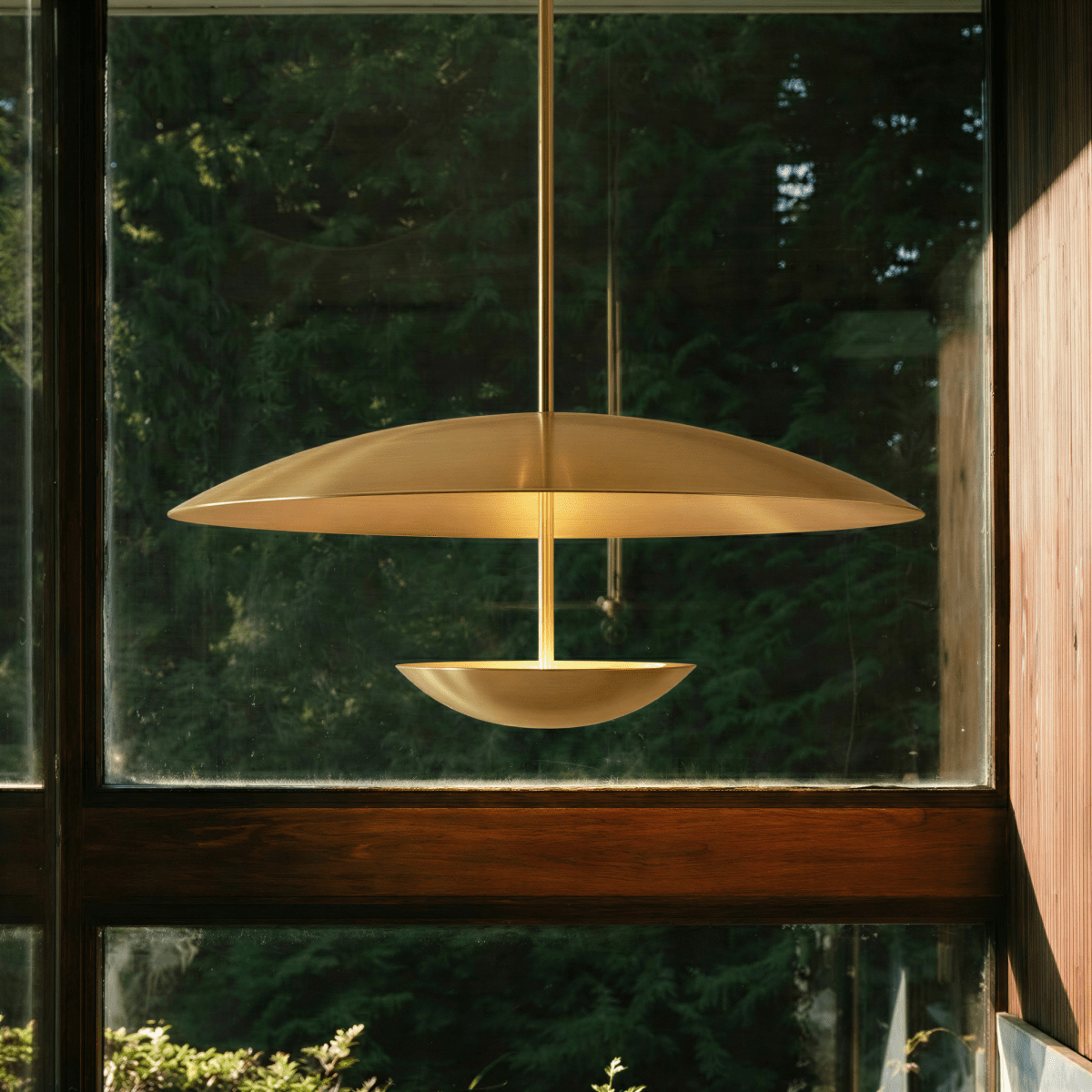 Clérachic brass pendant light close against a window in daylight, its thin rim catching the light with dark conifers behind the glass.