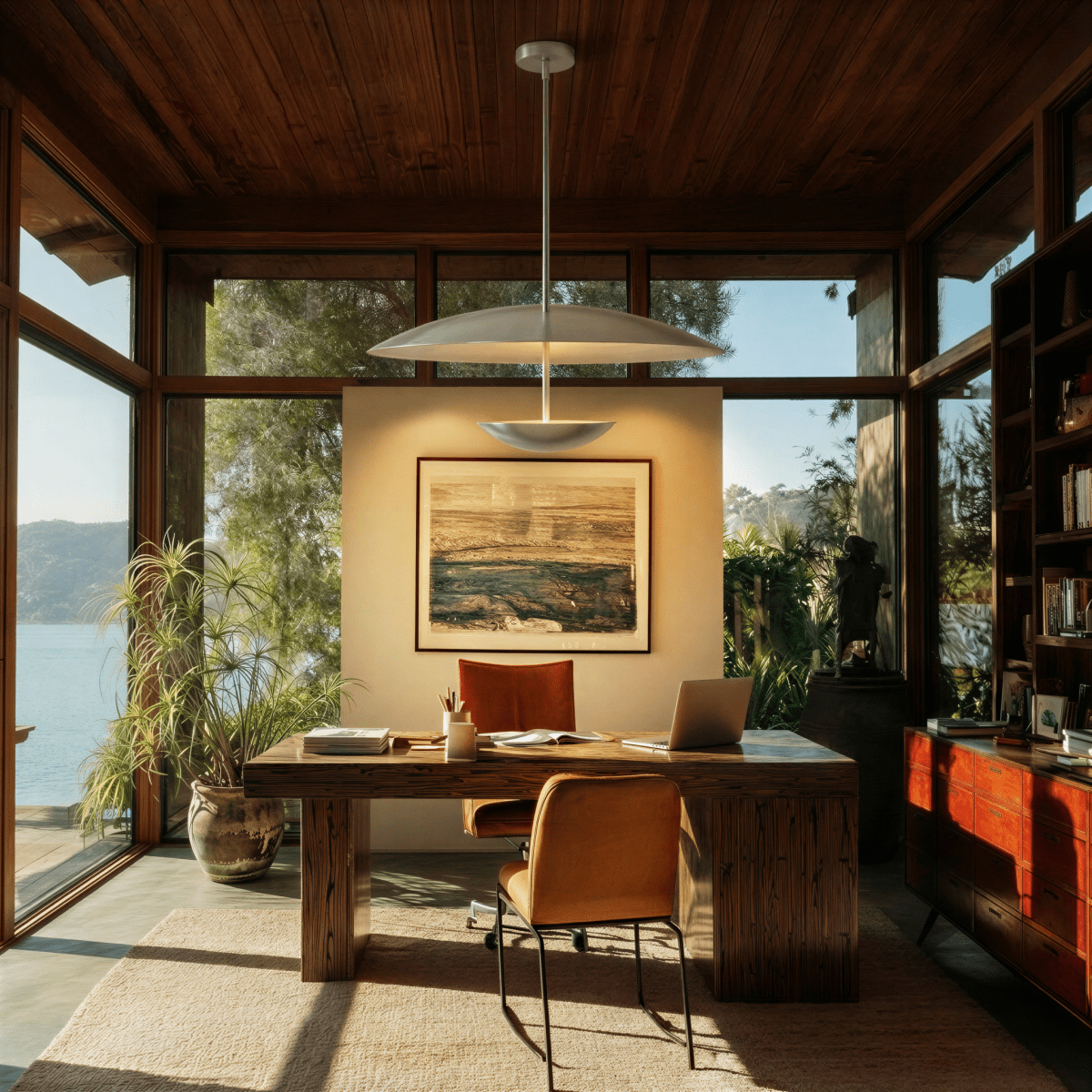Clérachic chrome pendant light above a heavy timber desk in a study, with a framed picture behind it and windows looking out over water.