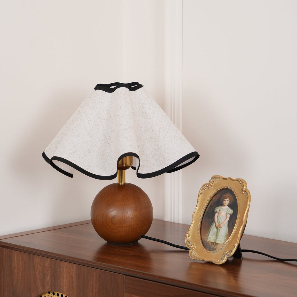 Wavecrest table lamp full view with linen shade and wood base