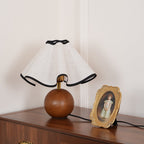 Wavecrest table lamp full view with linen shade and wood base