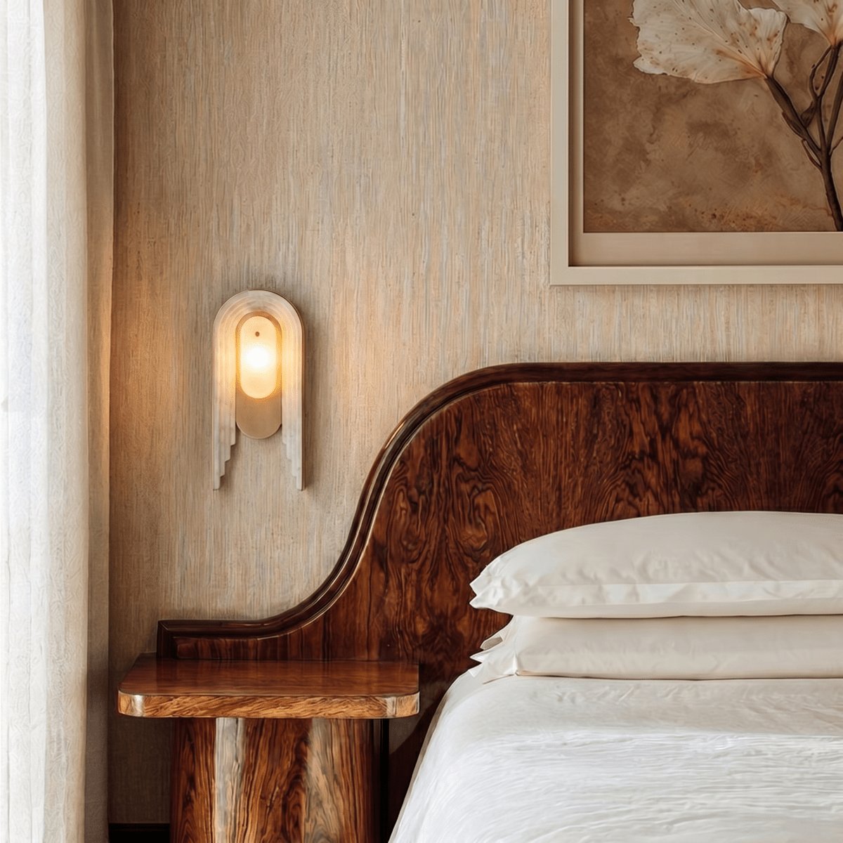 Clérachic alabaster wall light mounted bedside on a grasscloth wall, lit beside a curved burl-wood headboard and crisp white bed linen.