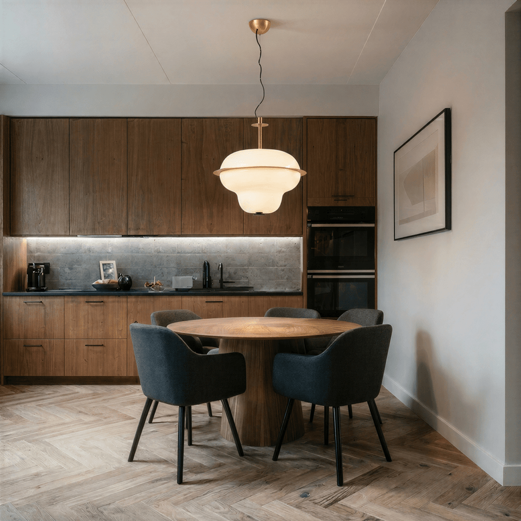 A Clérachic pendant light glows above a round dining table in a dark walnut kitchen with black chairs.