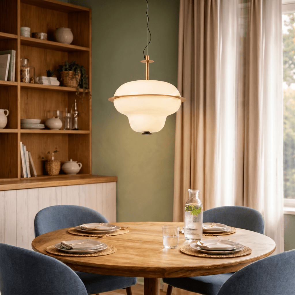 A Clérachic pendant light glows above a round table set for dinner beside blue upholstered chairs.