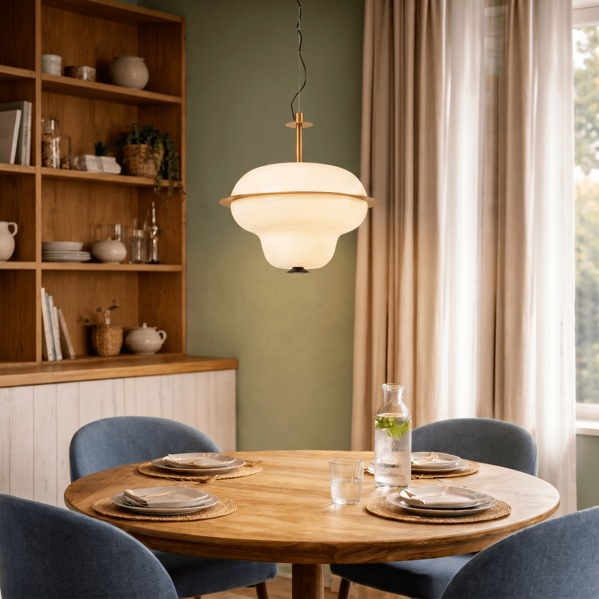 A Clérachic pendant light glows above a round table set for dinner beside blue upholstered chairs.