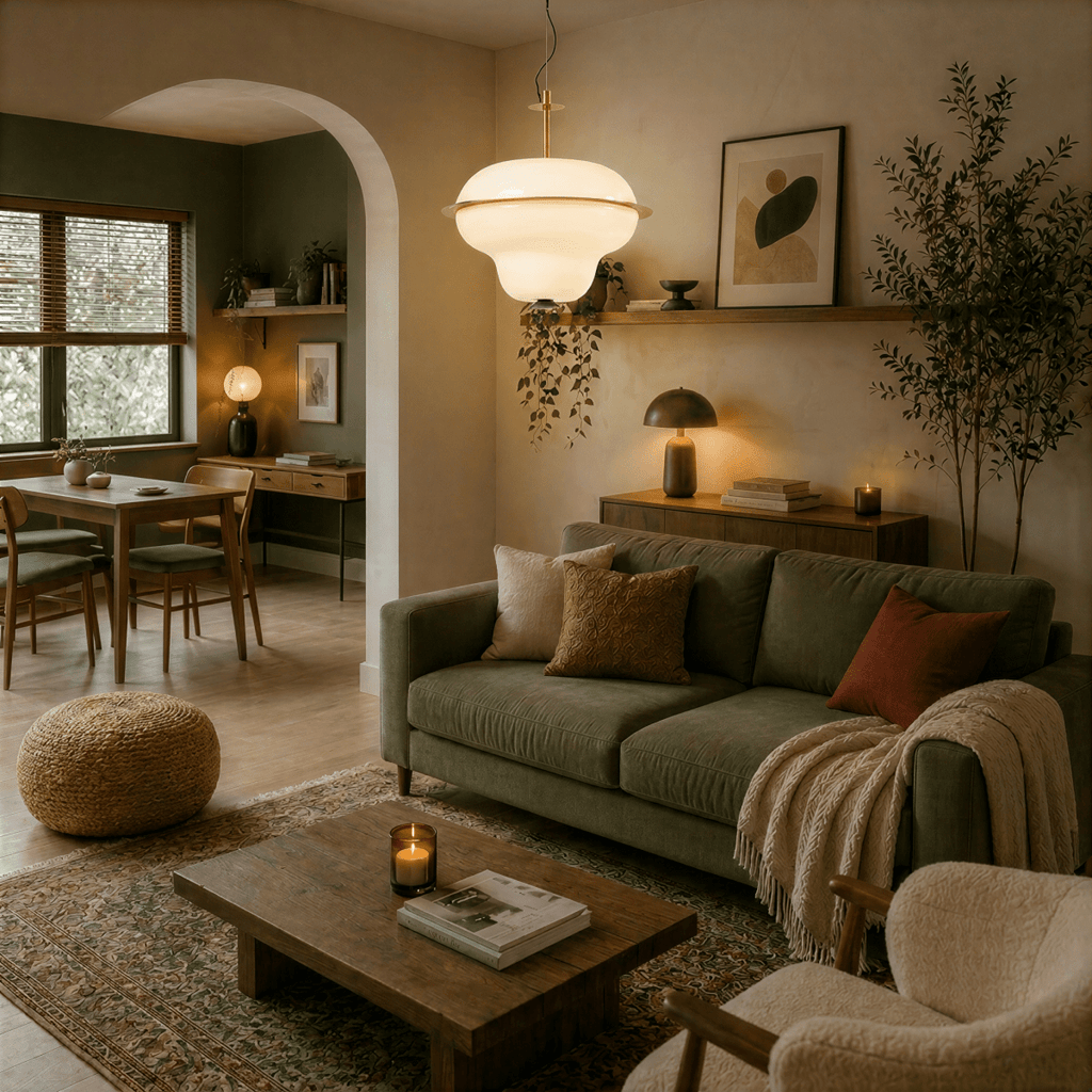 This Clérachic pendant light glows warmly over a sofa nook, its rounded glass shade banded in brass.