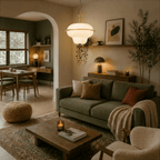 This Clérachic pendant light glows warmly over a sofa nook, its rounded glass shade banded in brass.