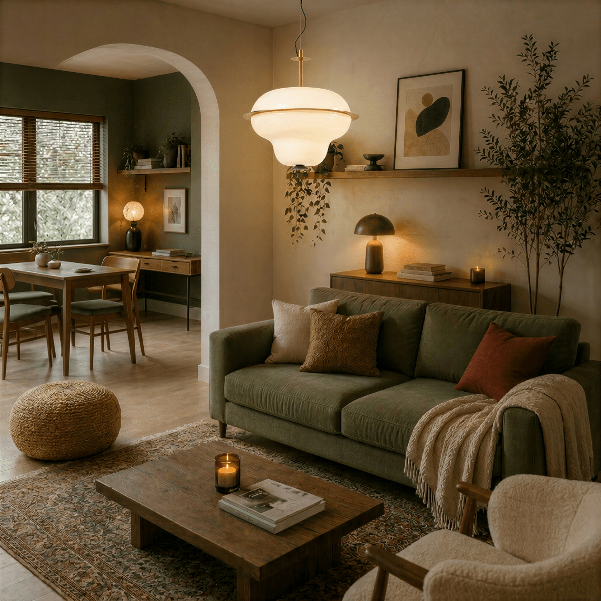 This Clérachic pendant light glows warmly over a sofa nook, its rounded glass shade banded in brass.